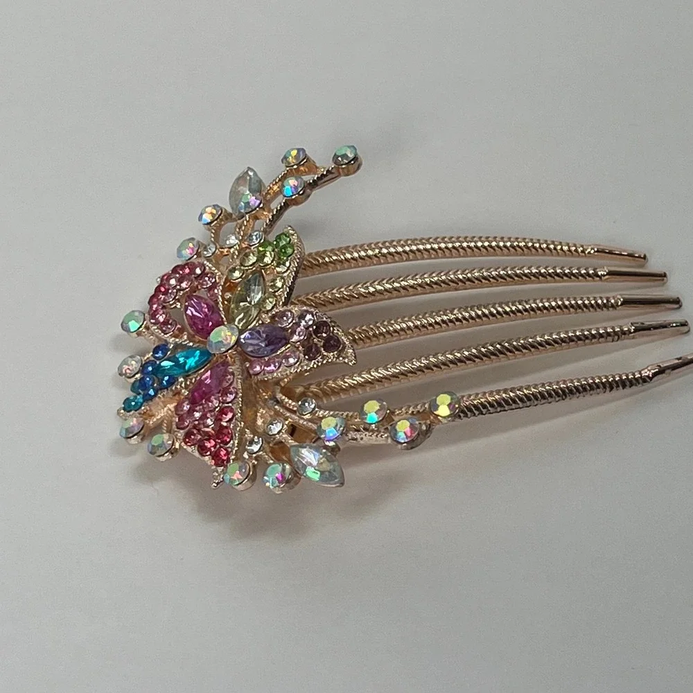 Rhinestone Hair Comb Gold Tone Flower Floral Jeweled‎ Hair Accessory Bridal Prom